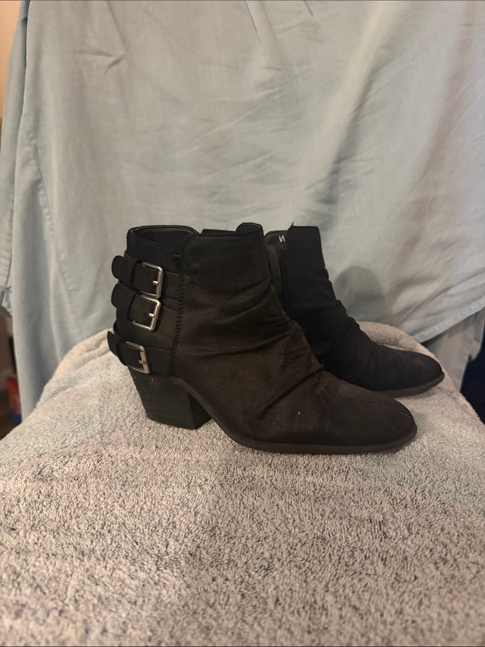 Women’s Black Suede Ankle Boots with Triple Buckles